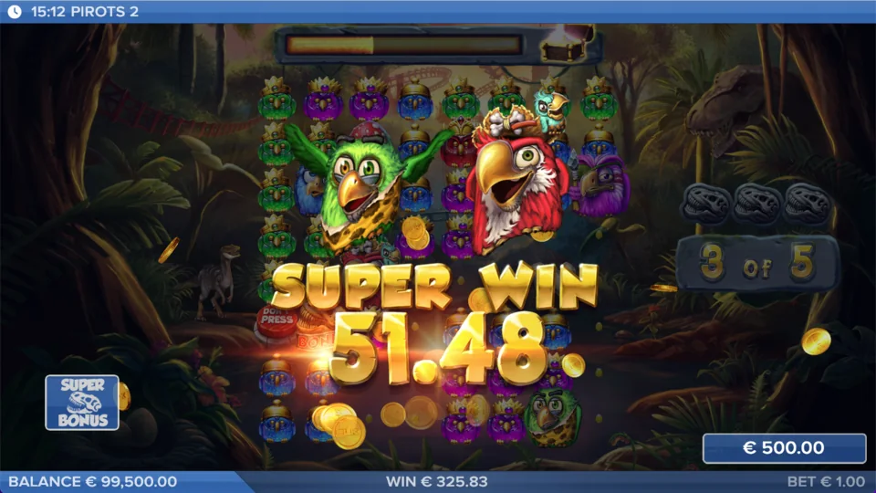 Pirots 2 Demo mit Super-Win-Anzeige im Dino-Dschungel