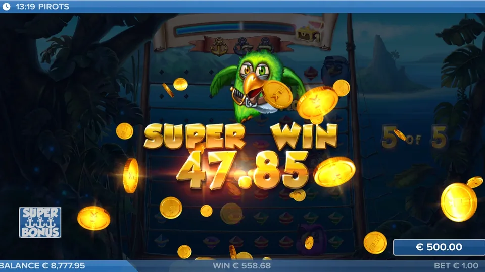 Pirots Demo mit Super-Win-Anzeige, grünem Papagei und Münzregen