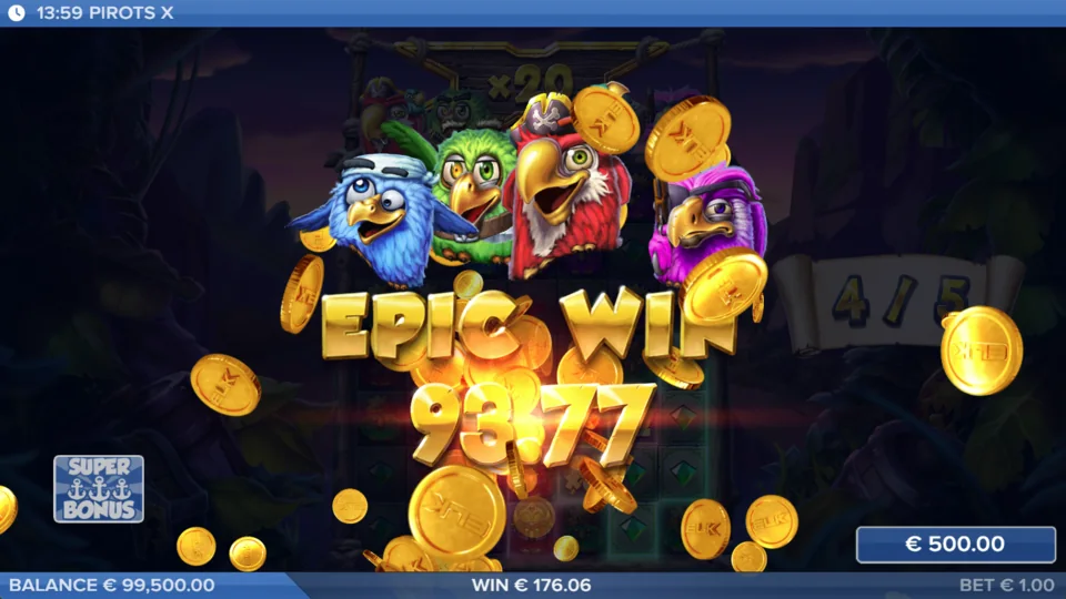 Pirots X Demo mit Epic-Win-Anzeige und Münzregen