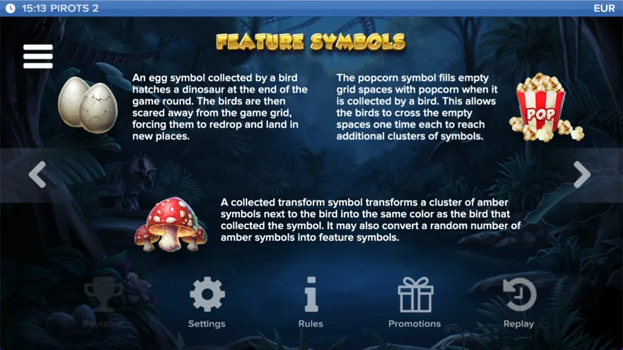 Pirots 2 Regelbildschirm mit Dino-Ei, Popcorn und Transform-Pilz