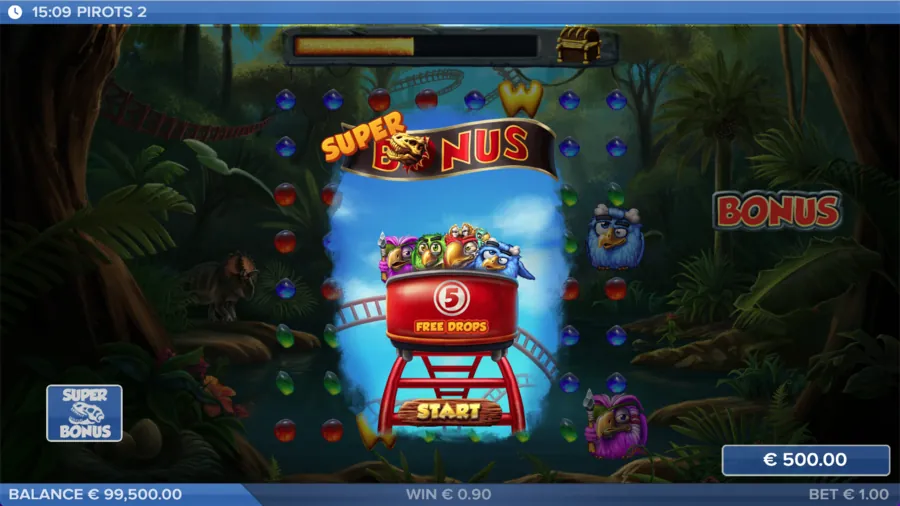 Pirots 2 Super Bonus Bildschirm mit 5 Freidrops
