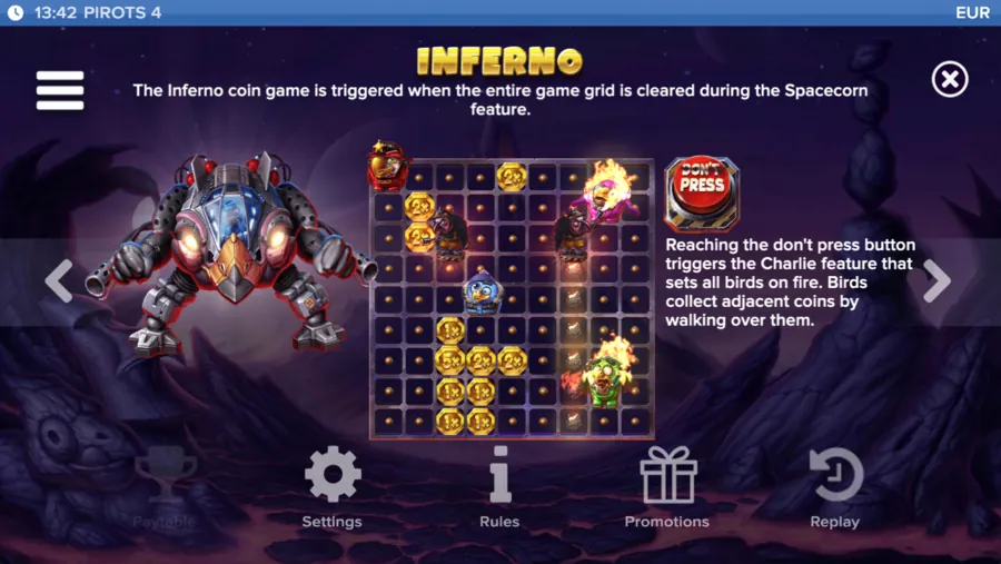 Pirots 4 Inferno Münzspiel mit Roboter Charlie und dem Don’t-Press-Knopf