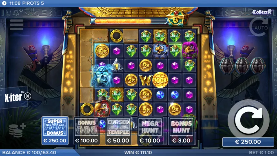 Pirots 5 Cursed Temple Startraster mit Wänden, Portalen und Vögeln