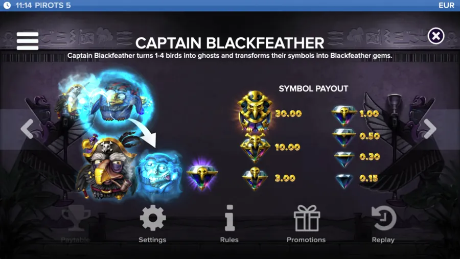 Pirots 5 Regeln zu Captain Blackfeather und seinen Edelsteinen