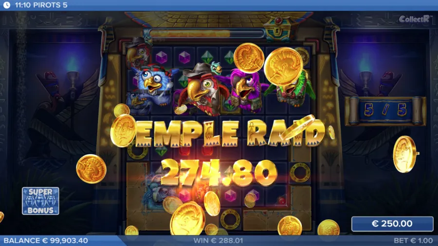 Pirots 5 Temple-Raid-Gewinnbildschirm im Tempel