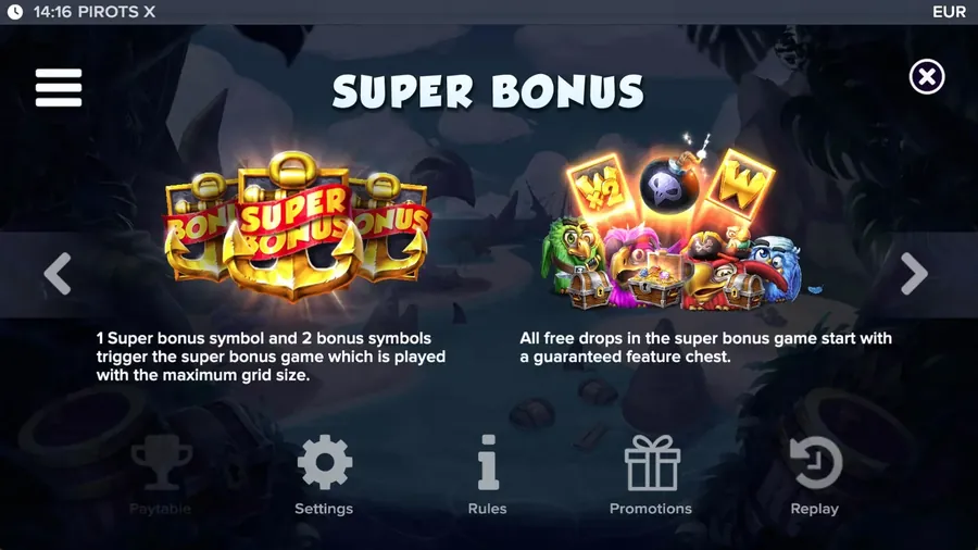 Pirots X Super-Bonus-Regeln mit maximalem Raster und Feature-Truhen