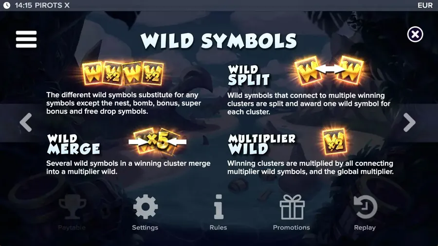 Pirots X Wild-Regeln: Wild Split, Wild Merge und Multiplikator-Wild