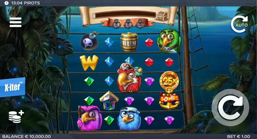 Pirots Startraster 5×5 mit vier Papageien, Edelsteinen und einem Bonus-Anker